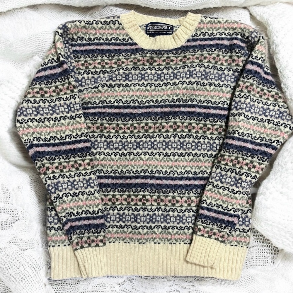 Vintage 90s Newton Shetland Wool Cream Pink Fair Isle Crewneck Sweater XS Small